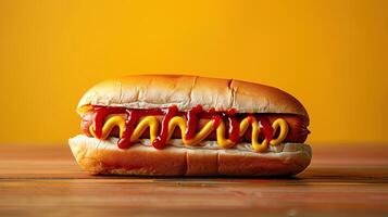 ai generiert einer heiß Hund mit Senf und Ketchup Nahansicht auf minimalistisch Hintergrund. erstellt mit generativ ai foto