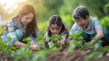 ai generiert Familie Pflanzen Bäume beim Park, Anzeigen generationsübergreifend Widmung zu Wiederaufforstung und Erde Tag Prinzipien. foto