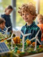 ai generiert interaktiv Umwelt Bildung Klasse zum Kinder, erkunden verlängerbar Energie durch Wind Turbine und Solar- Panel Modelle. foto