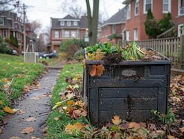 ai generiert städtisch Nachbarschaft Kompostierung Behälter drängt Einheimische zu spenden organisch Abfall zum Boden Anreicherung. foto