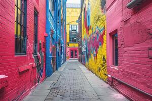 ai generiert lebendig städtisch Graffiti Kontraste mit untertrieben Mauer Farbe im ein eng Gasse, präsentieren Straße Kunst Vielfalt foto