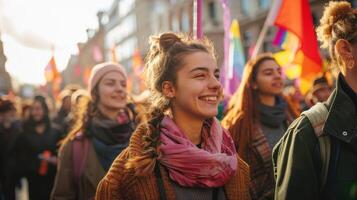 ai generiert Solidarität im schreiten - - feiern International Damen Tag zusammen foto