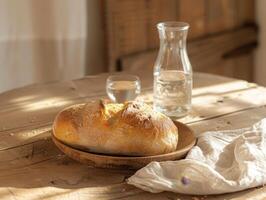 ai generiert Brot und Wasser zum gut Freitag schnell, rustikal Holz Tabelle Rahmen foto