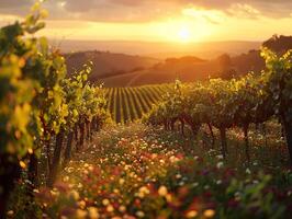 ai generiert Weinberg Tour, Sonnenuntergang Gießen golden Licht Über mit Weinreben bedeckt Hügel foto