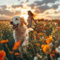 ai generiert ein froh Haustier Laufen gegenüber es ist Inhaber im ein Blume Feld, Wiedervereinigung. foto