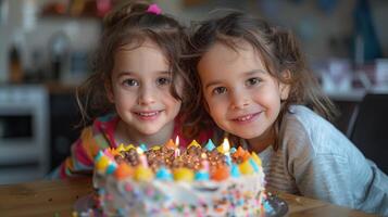 ai generiert froh Geburtstag Kuchen Teilen unter Zwilling Geschwister beim Zuhause foto