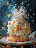 ai generiert April Narren Konfekt, Kuchen gefüllt mit knallen Süssigkeit, ein explosiv Freude foto