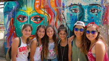 ai generiert Gemeinschaft Segeltuch - - Wandgemälde Projekte angetrieben durch Mädchen Stärke foto