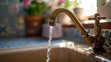 ai generiert stilvoll Kupfer Wasser Wasserhahn. Jahrgang Küche Wasserhahn mit Strom von sauber Trinken Wasser auf verschwommen Hintergrund von Küche Fenster mit Blumen. foto