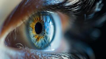 ai generiert schließen oben von Mensch Auge. Makro Schuss von Mensch Auge mit Blau Iris. foto