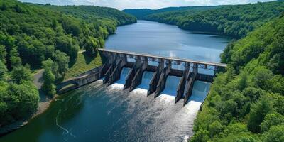 ai generiert generativ ai, Wasserkraft Damm nutzen das fließen von Wasser zu produzieren nachhaltig Energie, Leistung Bahnhof, Antenne Aussicht foto