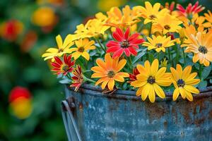 ai generiert schön Blühen Blumen im ein Container. ai generiert. foto