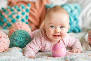 ai generiert ein positiv drei Monat alt Baby Lügen auf seine Bauch und Theaterstücke mit Rasseln. ai generiert. foto