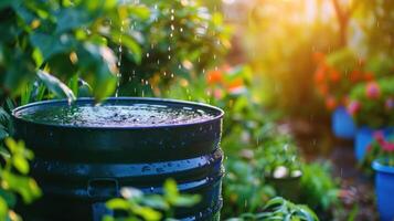 ai generiert generativ ai, Regenwasser Ernte System im das Garten mit Fass, ökologisch Konzept zum Pflanzen Bewässerung, Wiederverwendung Wasser Konzept foto