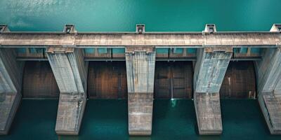 ai generiert generativ ai, Wasserkraft Damm nutzen das fließen von Wasser zu produzieren nachhaltig Energie, Antenne Drohne Sicht, foto
