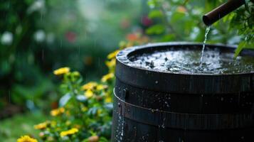 ai generiert generativ ai, Regenwasser Ernte System im das Garten mit Fass, ökologisch Konzept zum Pflanzen Bewässerung, Wiederverwendung Wasser Konzept foto