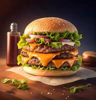 ai generiert frisch lecker Burger auf hölzern Hintergrund foto