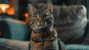 ai generiert Katze mit ein Katze Halsband Fachmann Fotografie foto