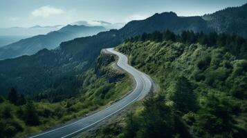 ai generiert Wicklung Straße im Wald Landschaft Natur und Reise foto