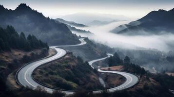 ai generiert Wicklung Straße im Wald Natur und Reise Landschaft foto