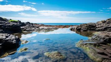 ai generiert makellos Gezeiten Schwimmbad und Blau Himmel Hintergrund foto