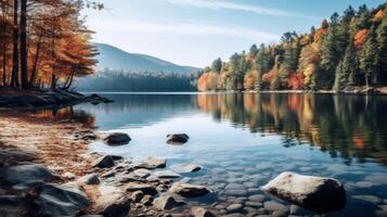 ai generiert schön Landschaft von heiter See und Orange Blätter im Herbst foto