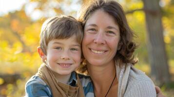 ai generiert ein Mutter und Sohn genießen ein sonnig Tag im das Park foto