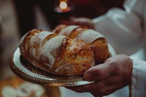 ai generiert auf Sonntag, das Eucharistie, heilig Gemeinschaft, beinhaltet ein Hand halten Brot und Wein. foto