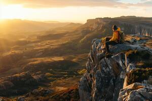 ai generiert Wanderer mit Blick auf das Sonnenuntergang auf ein Berg Cliff mit Kopieren Raum foto