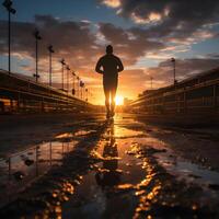 ai generiert Silhouette von ein Mann Laufen beim Sonnenuntergang oder Sonnenaufgang. Joggen auf das Schiene. generativ ai foto