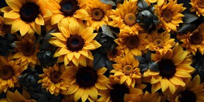 ai generiert oben Aussicht von Sonnenblumen Hintergrund. ein Gruppe von Gelb Sonnenblumen. generativ ai foto