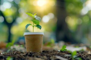 ai generiert sprießen wachsend im das Kaffee Tasse. ökologisch freundlich, Recycling, generiert mit ai foto