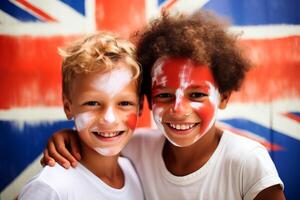 ai generiert England Kind Fan mit Flagge Gesicht Farbe . .generativ ai foto