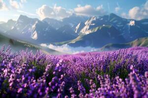 ai generiert ein Lavendel Feld mit schön Dämmerung Himmel .generativ ai foto