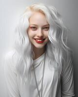 ai generiert jung und schön Albino Frau auf ein grau Hintergrund. weiblich mit Silber Haar. generativ ai foto