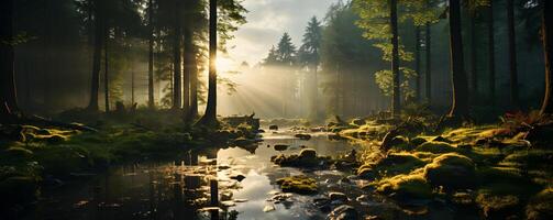 ai generiert ein still Fluss im das Mitte von das Wald mit eindringen Sonnenlicht. generativ ai foto