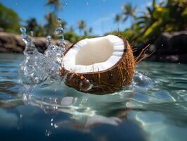 ai generiert geknackt Kokosnuss Stürze von Baum in das Meer mit ein Spritzen von Wasser. generativ ai foto