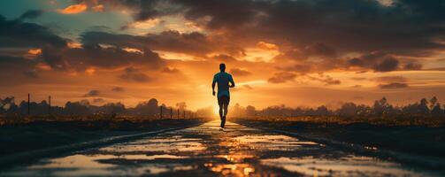 ai generiert Silhouette von ein Mann Laufen beim Sonnenuntergang oder Sonnenaufgang. Joggen auf das Schiene. generativ ai foto