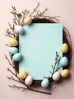 ai generiert Ostern Karte mit Eier, minimalistisch Ostern Karte Vorlage, glücklich Ostern Karte, Ostern Copyspace Vorlage foto