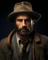 ai generiert Porträt von ein bärtig alt Cowboy tragen ein Hut gegen ein dunkel Hintergrund. wild Western Mann. generativ ai foto