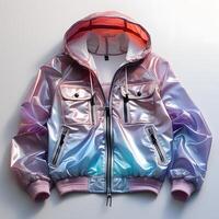 ai generiert bunt holographisch Chrom Jacke. irisierend metallisch Kapuzenpullover. generativ ai foto