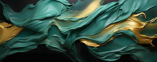 ai generiert Luxus abstrakt Farbe Flüssigkeit Hintergrund im Grün, schwarz und Gold. Kunst Farbe Muster Tinte Textur. generativ ai foto