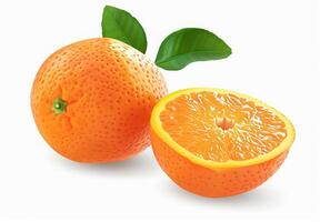ai generiert natürlich Orange Obst mit Schnitt im Hälfte und Grün Blätter isoliert auf Weiß Hintergrund foto