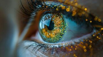 ai generiert ein Mensch Auge mit ein Mikrochip innen. foto