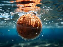 ai generiert geknackt Kokosnuss Stürze von Baum in das Meer mit ein Spritzen von Wasser. generativ ai foto