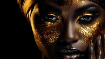 ai generiert schön afrikanisch Modell- mit golden bilden foto