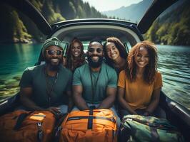 ai generiert Gruppe von glücklich afrikanisch freunde Reisen durch Wagen. generativ ai foto