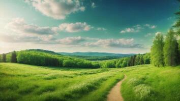 ai generiert Panorama Landschaft Grün Wald Pfad mit das schön blühen Wiese foto