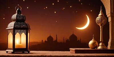 ai generiert Ramadan kareem Gruß Hintergrund zum Muslim Festival Ramadan Feier mit 3d Laterne. foto