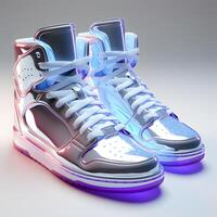 ai generiert futuristisch und bunt holographisch Schuhe mit glühen Wirkung. cool Schuhwerk. generativ ai foto